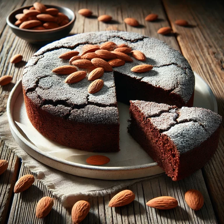 A flourless chocolate almond torte on a wooden table.